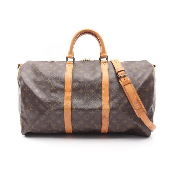 LOUIS VUITTON Brown Monogram Leather Keepall Bandouliere 50 Boston Bag - Picture 1 of 15